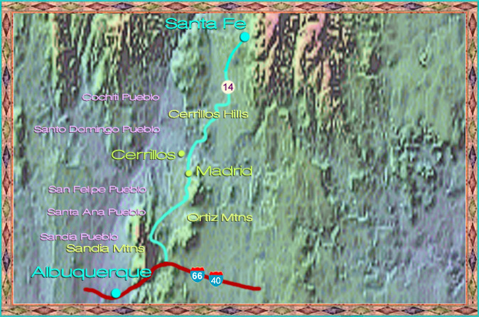 Santa Fe Unlimited Turquoise Trail map. Cerrillos, Madrid, Golden, Santa Fe, Galisteo, Garden of the Gods